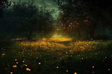 Fototapeta premium Enchanting Firefly Lit Path Through A Dark Forest
