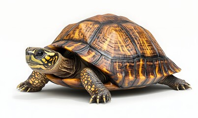Fototapeta premium Three-toed box turtle partially withdrawn into its shell against a white background.