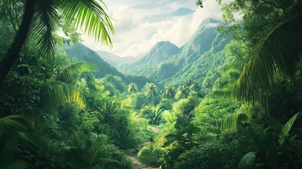 Fotobehang Digital illustration lush jungle scene background beautiful landscape with jungle, mountains © Johannes