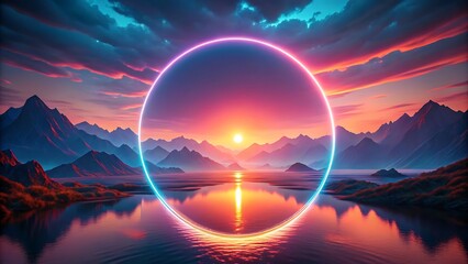 Abstract wallpaper Mysterious landscape with mountains, water and bright neon rings.