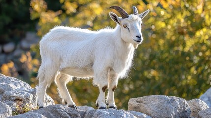 Obraz premium Alpine Goat Standing on Rocks with Autumn Background in Nature