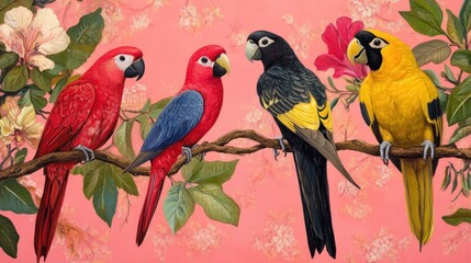Four vibrant parrots perched on a flowering branch.