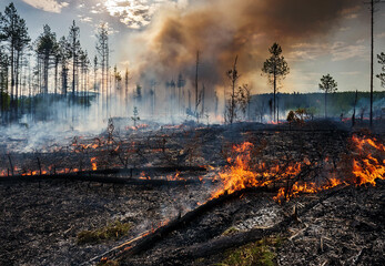 Burning remains after a forest fire, destroyed trees and nature