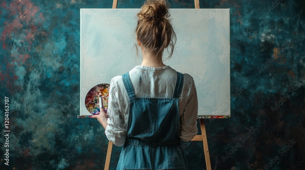 Poster in a cozy studio, a focused painter dressed in overalls stands before a blank canvas, palette in han