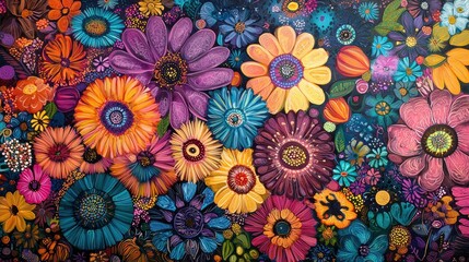 Vibrant Colorful Flower Artwork with Intricate Details and Patterns