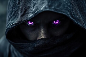 Naklejka premium Hooded Figure With Glowing Purple Eyes Gazing Intensely