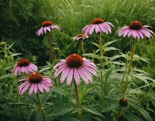 Fototapeta premium A beautiful bunch of pink flowers is growing vibrantly in the grass