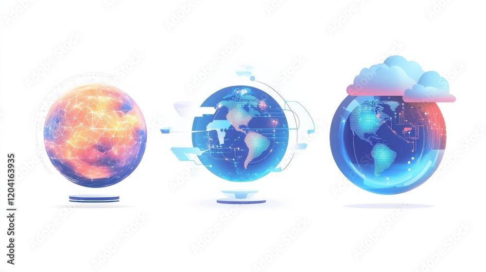 Poster global communication abstract concept vector illustration set. cloud management, cross-platform soft