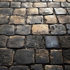 Obraz premium Cobblestone street texture. Irregular stone pavement. Old city road.