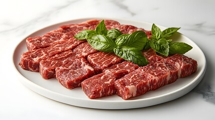 Raw Beef Strips with Fresh Basil on White Plate
