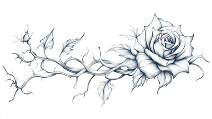 Detailed pencil sketch of a rose with thorny vine and leaves on white background