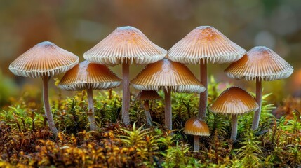Fototapeta premium Close-Up View of Delicate Mushrooms Growing on Forest Floor