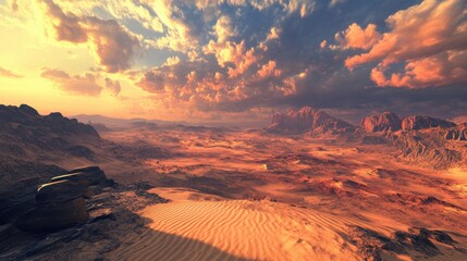 A vibrant digital environment creation presents a sprawling desert landscape with undulating dunes and dramatic skies. The attention to detail and lifelike rendering of the virtual terrain make this