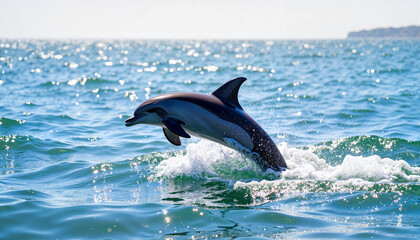 Dolphin jumping against the shimmering ocean backdrop
