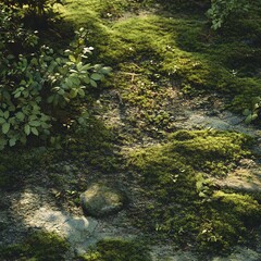 Sunlit moss covering a forest path. Lush green foliage and rocks.