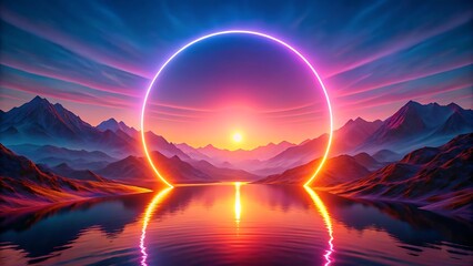 Abstract wallpaper Mysterious landscape with mountains, water and bright neon rings.