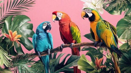 Three vibrant macaws perched on a branch amidst lush tropical foliage against a pink background. (1)