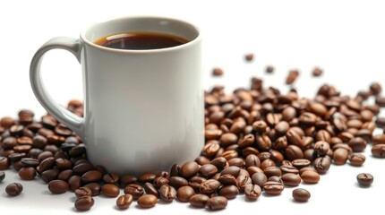 Fototapeta premium coffee mug and coffee beans, isolated on a white background, photographed in a modern, futuristic style with an amazing lens glow 