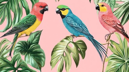 Fototapeta premium Three vibrant parrots perched on tropical leaves against a pink background.