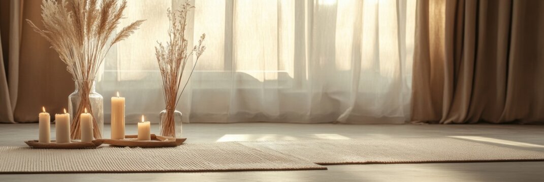 Decorative arrangement of candles and dried flowers in a cozy interior setting during soft natural light. Generative AI