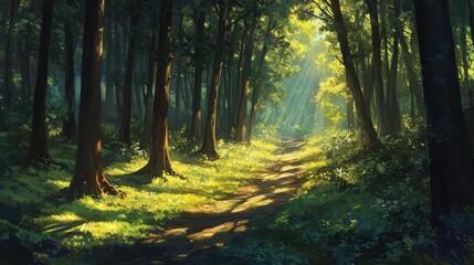 Fototapeta premium Serene sunlit forest path with tall trees