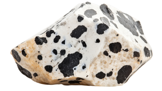 Png of A speckled dalmatian jasper stone with black spots on a white base on transparent background.