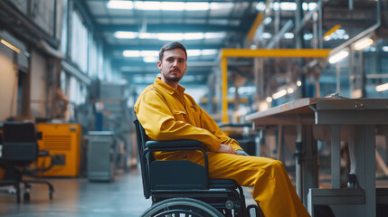 Portrait of man in wheelchair working in modern industrial factory, in adjustable workstation. Concept of workers with disabilities, accessible workplace for employees with mobility impairment.