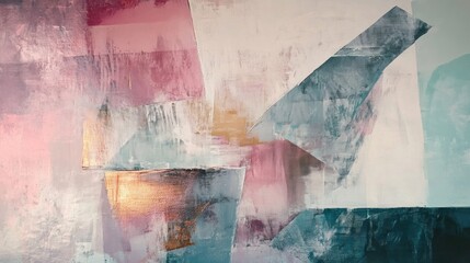 Fototapeta premium Abstract painting with geometric shapes in shades of pink white gold and teal colors