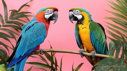 Obraz premium Two colorful macaws perched on a branch against a pink background with tropical leaves.