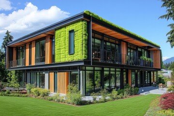A modern building constructed with green building materials such as recycled steel, bamboo flooring, and eco-friendly insulation, showcasing the benefits of sustainable architecture.
