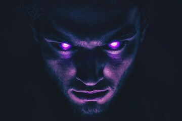 A Mans Face Glows With Purple Eyes In Darkness