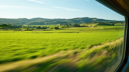 Obraz premium Blurred green fields viewed from a train window.