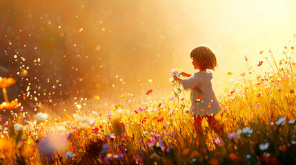 Child joyfully picks colorful flowers in a sunlit meadow during a warm afternoon