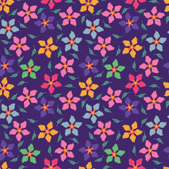 Seamless floral pattern, elegant ditsy print, abstract ornament with green blooming field in retro motif. Pretty botanical design: small hand drawn wild flowers, grass, leaves. Vector illustration.