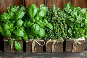 Naklejka premium Fresh herbs in wooden boxes, rustic background, cooking ingredients