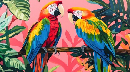 Fototapeta premium Two vibrant macaws perched on a branch amidst lush tropical foliage.