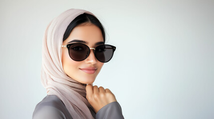 Naklejka premium Woman wearing sunglasses and a hijab poses elegantly against a neutral background in a modern setting