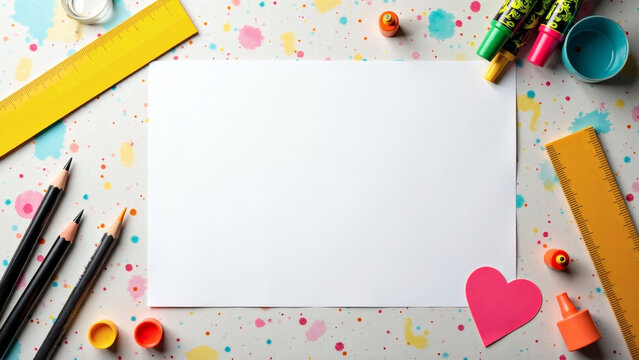 Messy arts and crafts studio themed background with blank paper in the center for copy space for invitation greeting card