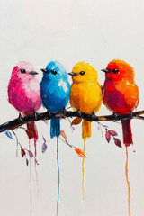 A painting of four colorful birds sitting on a branch