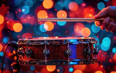 A drummer's hand poised, drumstick raised above a shimmering snare drum, bathed in vibrant stage lights. Ready to strike!