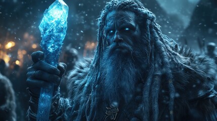 Frozen King leads army, snowy battle. Fantasy artwork