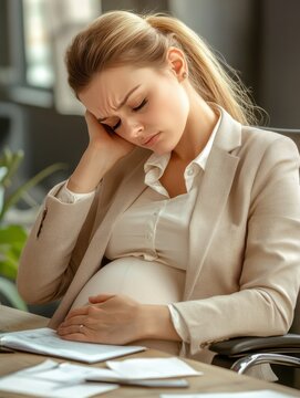 pregnancy, business, stress, gestosis and work concept - pregnant businesswoman feeling sick at office work