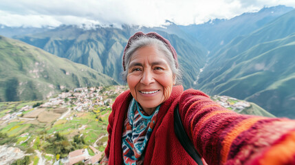 Naklejka premium Elderly woman takes a self-portrait against the stunning backdrop of the Andes mountains in Peru