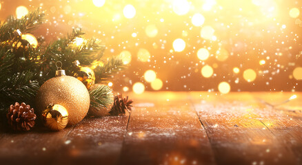 Fototapeta premium Golden Christmas Ornaments with Pinecones and Fir Branches on a Sparkling Background