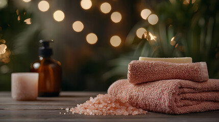 Relaxing spa experience with towels and essential oils home product cozy atmosphere close-up self-care concept