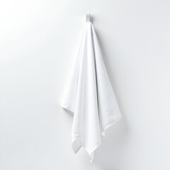 White towel hanging on the wall in bathroom with white marble tile wall isolated on a white background