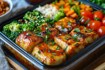 Fototapeta premium A meal in a plastic container with vegetables and tofu