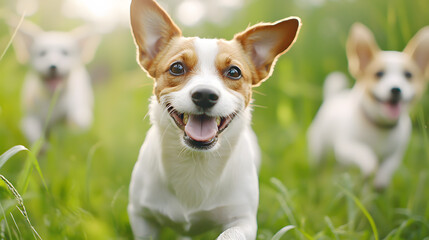 Exciting dogs running playfully in a lush green field outdoor joyful canine moments