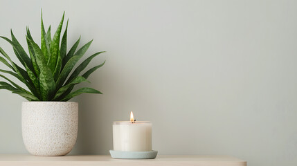 Relaxing atmosphere indoor candle and plant arrangement modern home decor minimalist style soft lighting