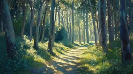 Obraz premium Sunlit forest path through tall trees